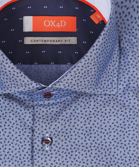 Denimblauw poplin print overhemd