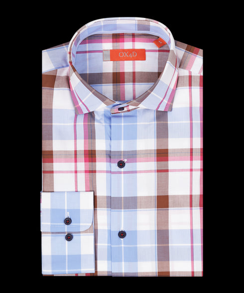 Blauw/bruin/roze geruit overhemd