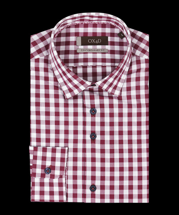 Bordeaux poplin geruit overhemd met donkere knoop