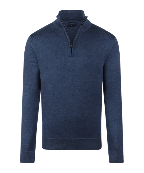 Indigo half-zip met geribde boorden