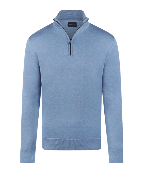 Lichtblauwe half-zip met geribde boorden