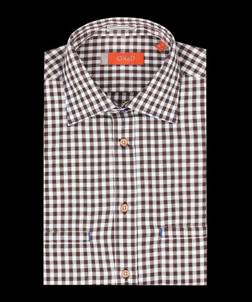 Oxford overhemd met bruin-witte ruit en dubbele borstzak