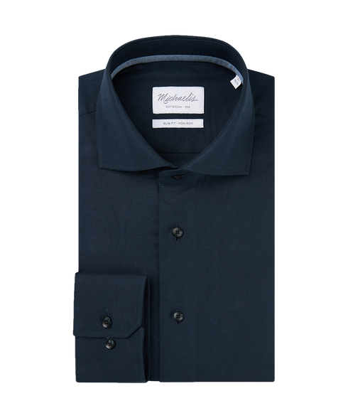 Donkerblauw geweven overhemd met donkere knopen