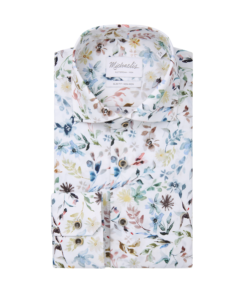 Vrolijk bloemen overhemd met bruine knopen