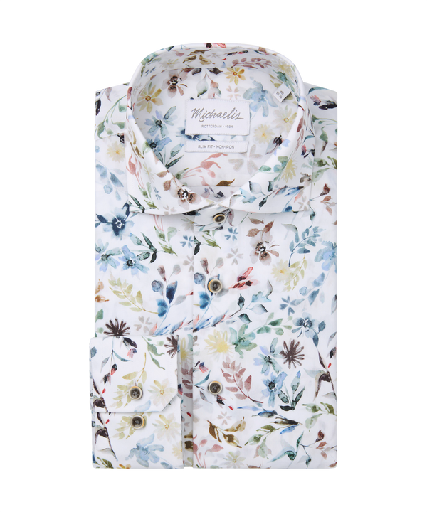 Vrolijk bloemen overhemd met bruine knopen