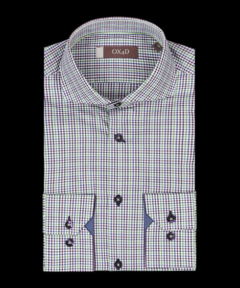 Fijn groen/paars poplin overhemd met kleine ruit