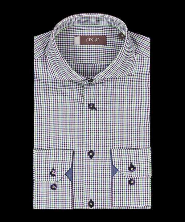 Fijn groen/paars poplin overhemd met kleine ruit