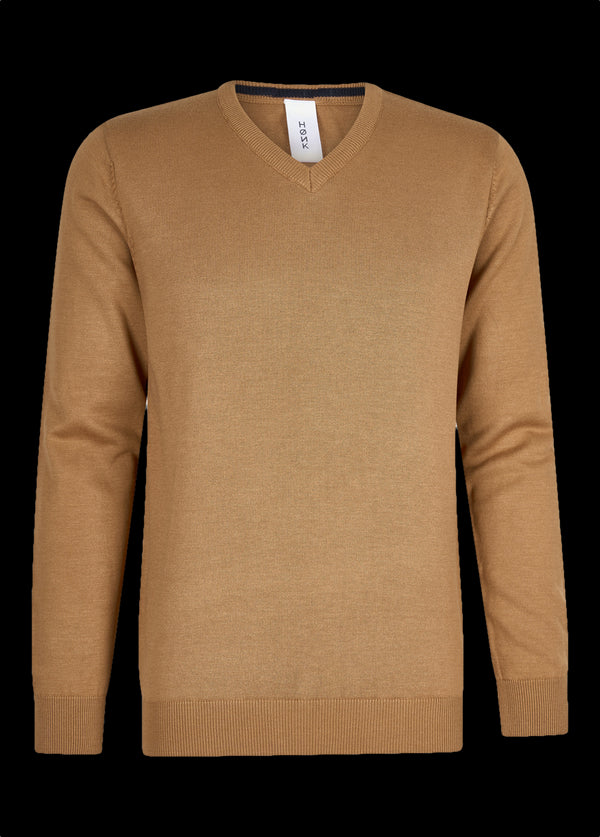 Camelbruine katoenen pullover met V-hals